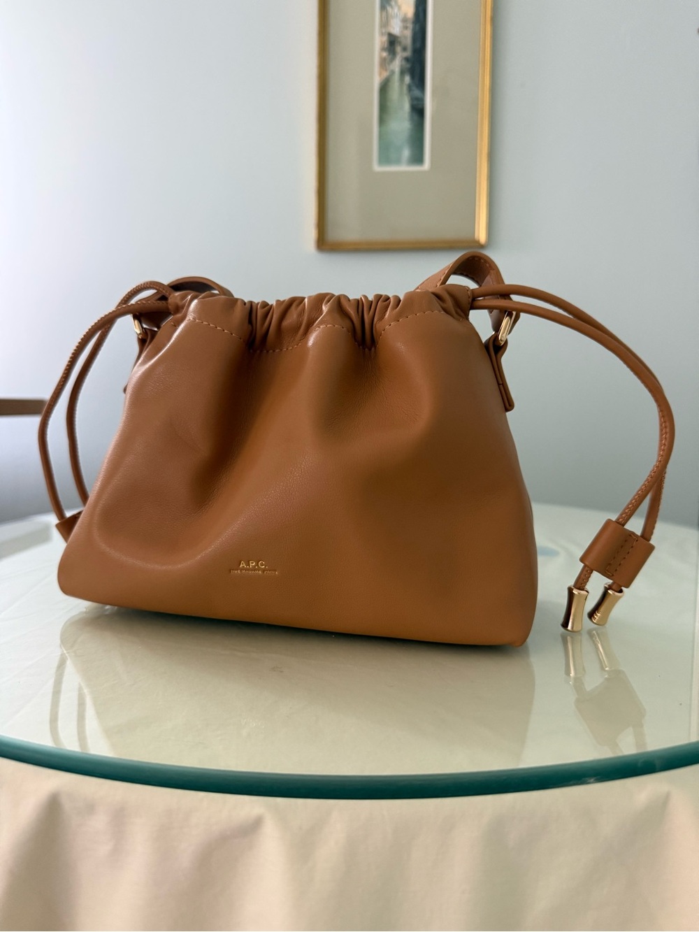 A.P.C. Ninon Mini Brown Leather Drawstring Scrunch Shoulder Bag or Clutch